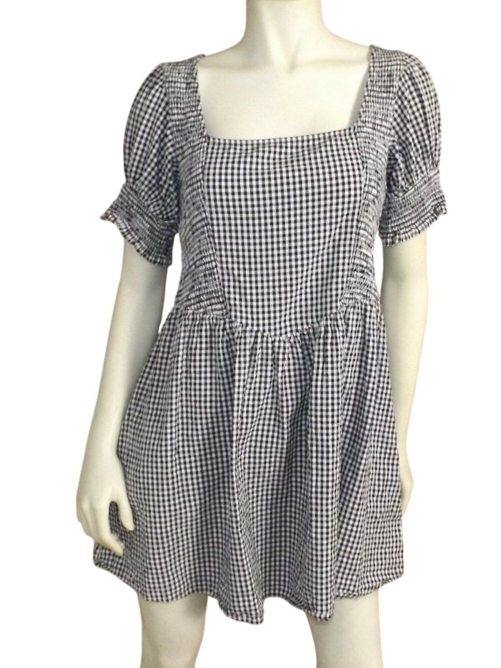 TECOVAS Mini Dress, L, Black, White Gingham, Smocked, Short Sleeve, Cotton